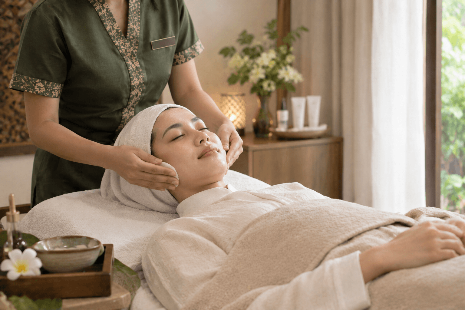 A therapist gently massaging a customer's face in a softly lit treatment room, with fresh flowers nearby.