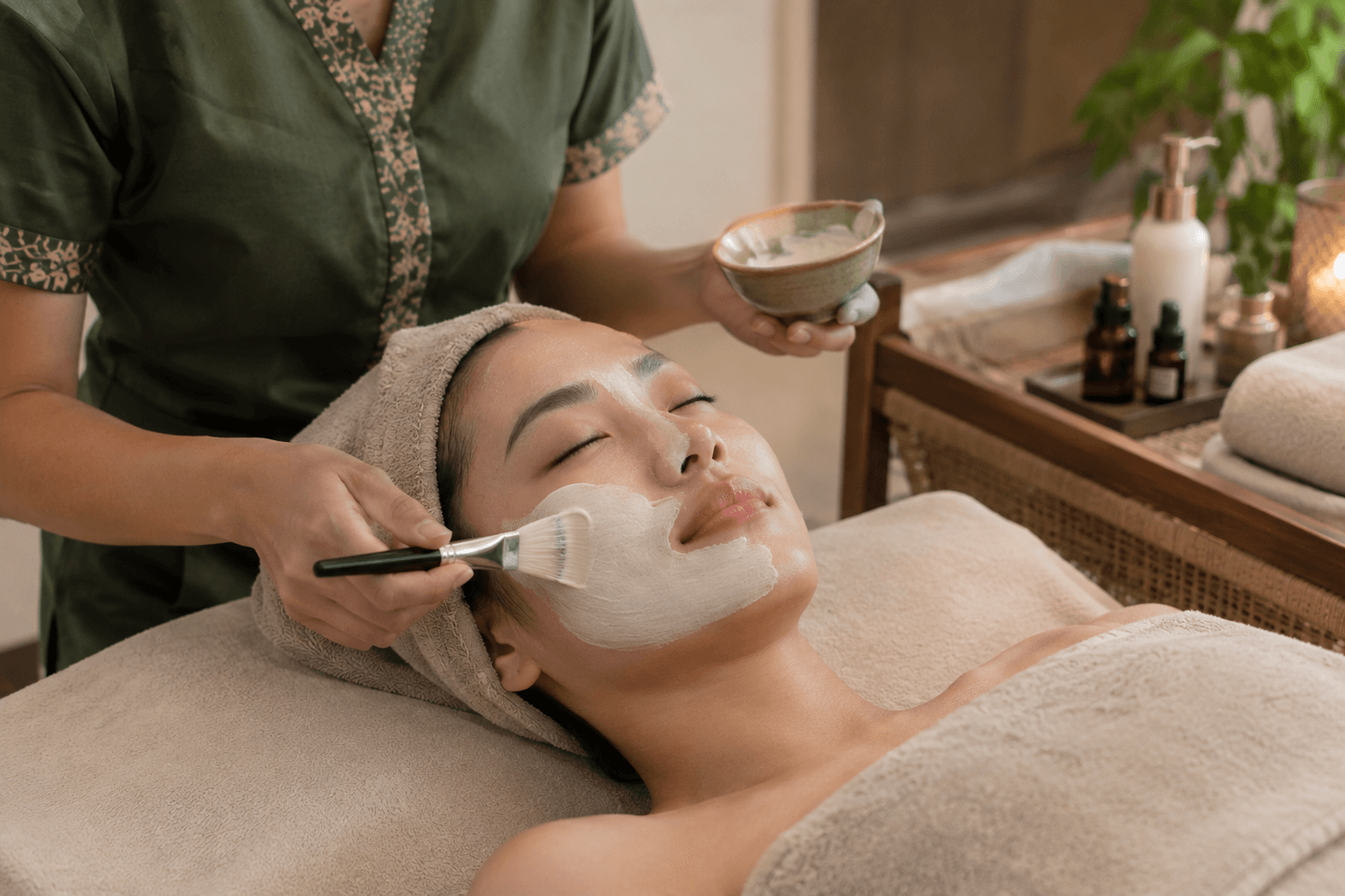 A therapist brushing a cream mask onto a customer's face in a softly lit treatment room.