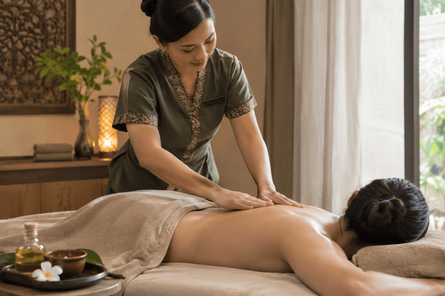 A therapist giving a back massage in a softly lit treatment room.